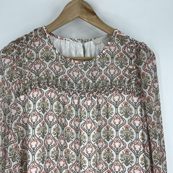 Loft Top Size Small White Tuilerie Floral Print Long Sleeve Ruffle Pleated Shirt - Picture 2 of 11